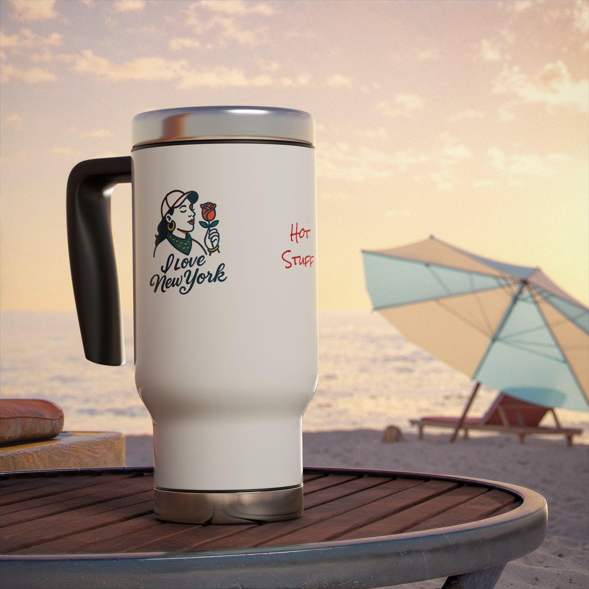 Travel Mug with Handle | Hot Stuff & Love New York Designs, Coffee Mug, Gift for Travelers, Personalized Travel Cup