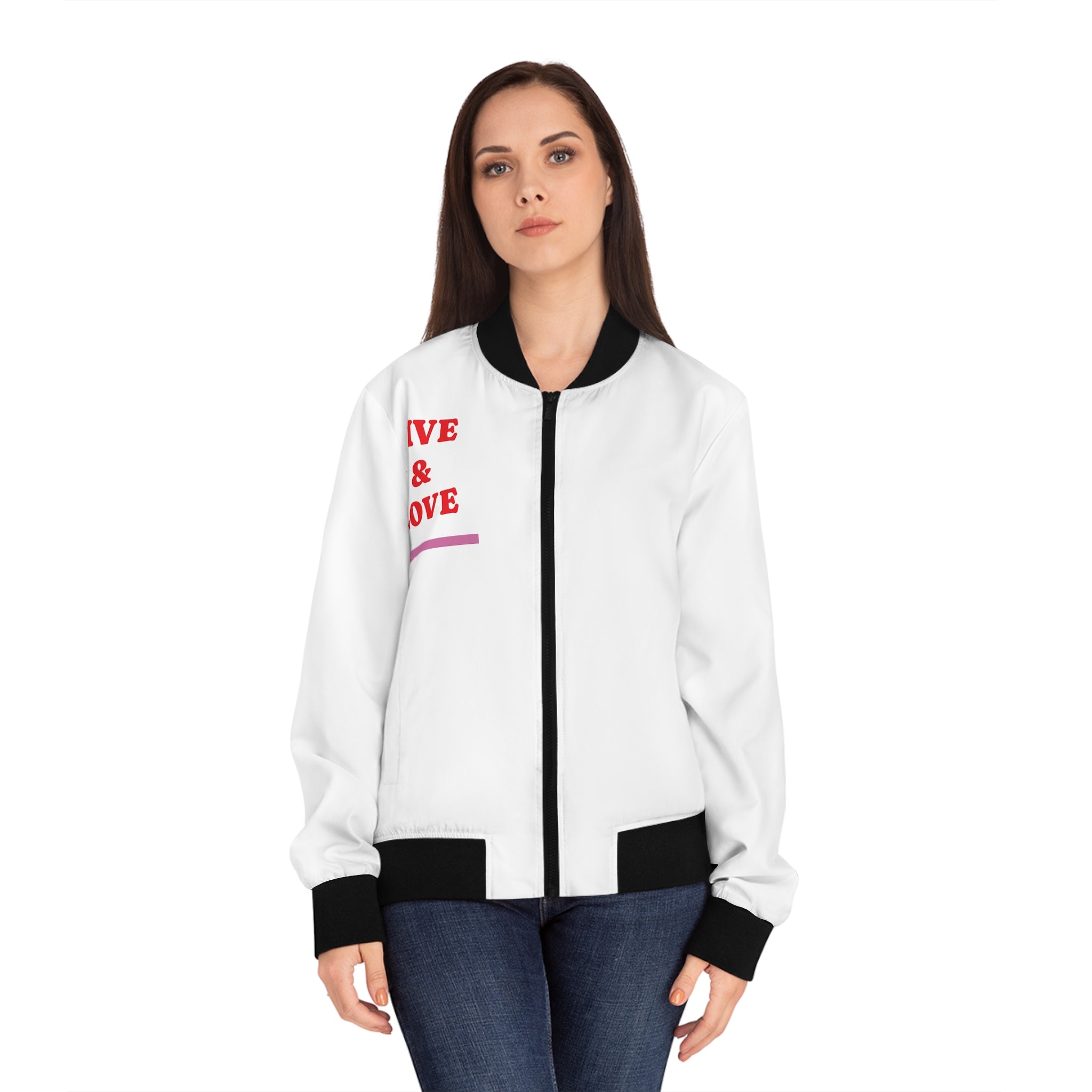 Women's Bomber Jacket with Live & Love Design – Stylish Outerwear for Casual Looks, Perfect for Gifts, Spring Fashion, and Celebrations