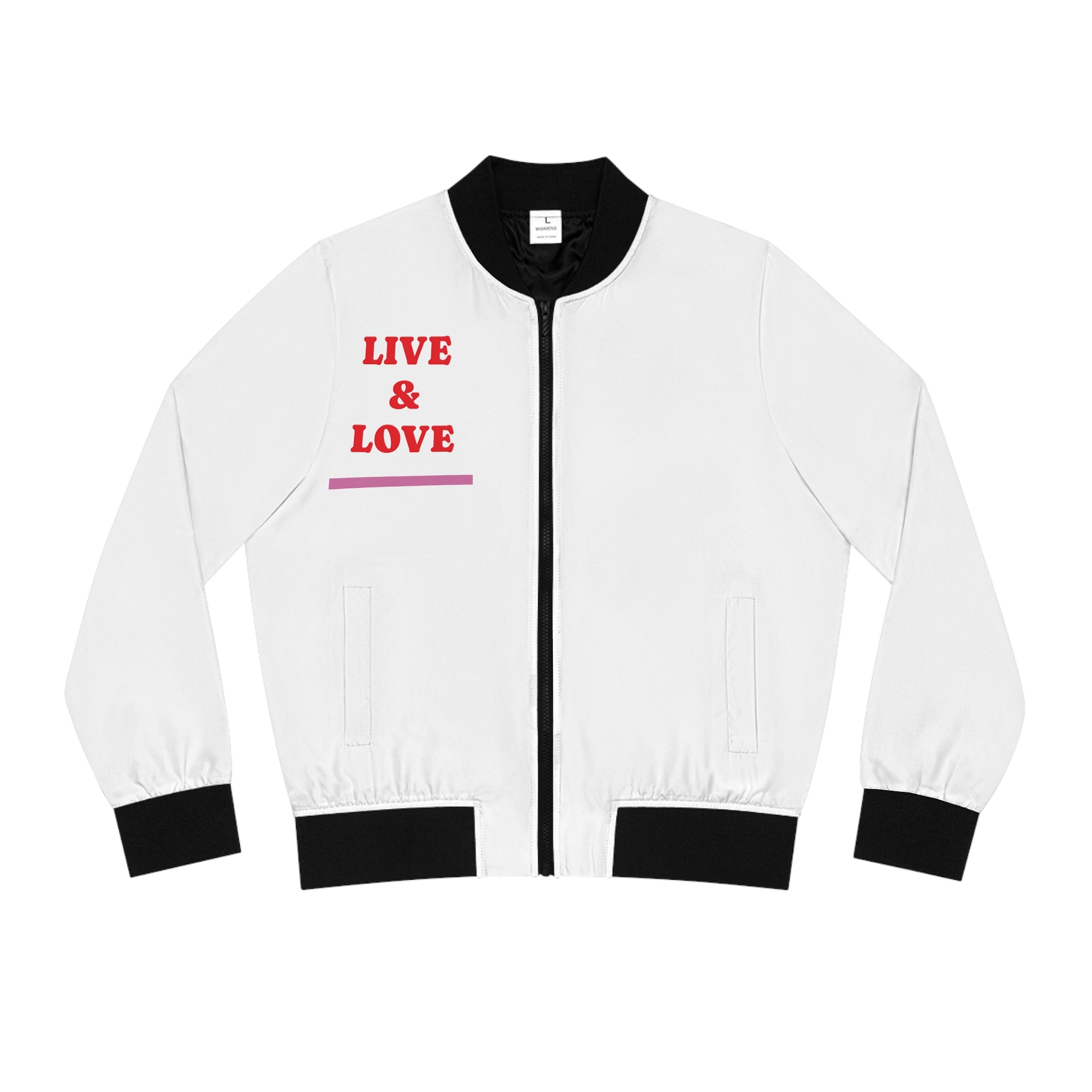 Women's Bomber Jacket with Live & Love Design – Stylish Outerwear for Casual Looks, Perfect for Gifts, Spring Fashion, and Celebrations