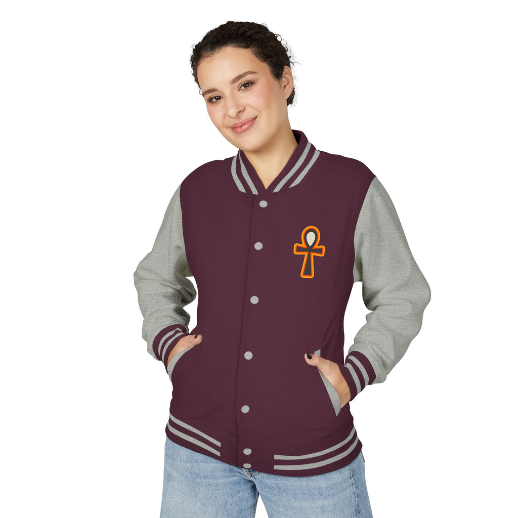 Ankh Letterman Jacket — Retro Black & White Varsity Jacket with Golden Ankh Patch