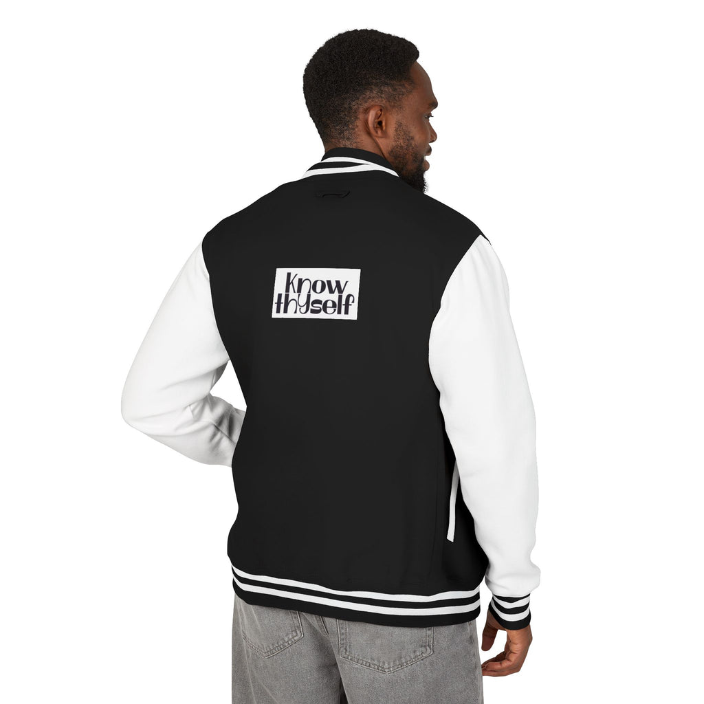Ankh Letterman Jacket — Retro Black & White Varsity Jacket with Golden Ankh Patch