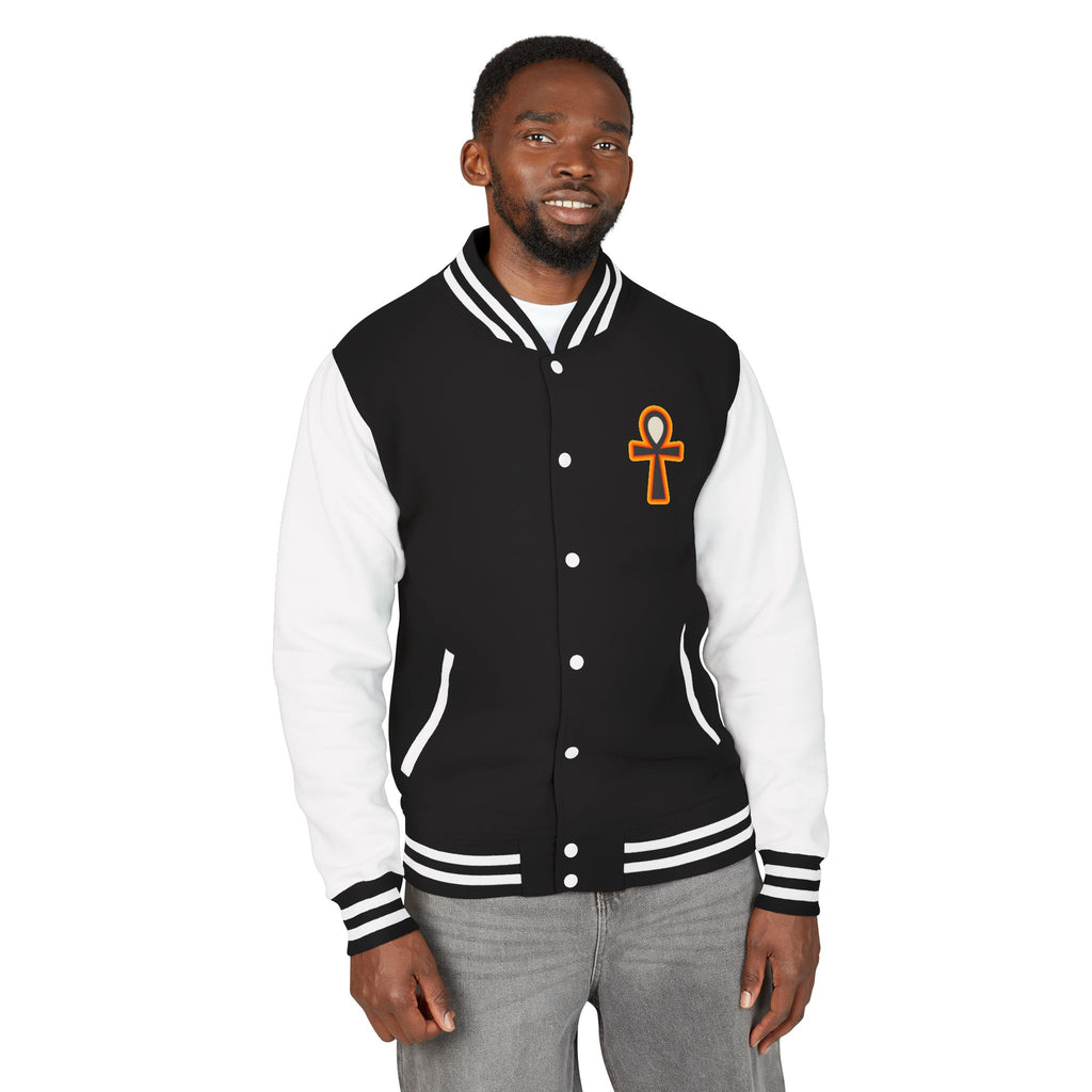 Ankh Letterman Jacket — Retro Black & White Varsity Jacket with Golden Ankh Patch