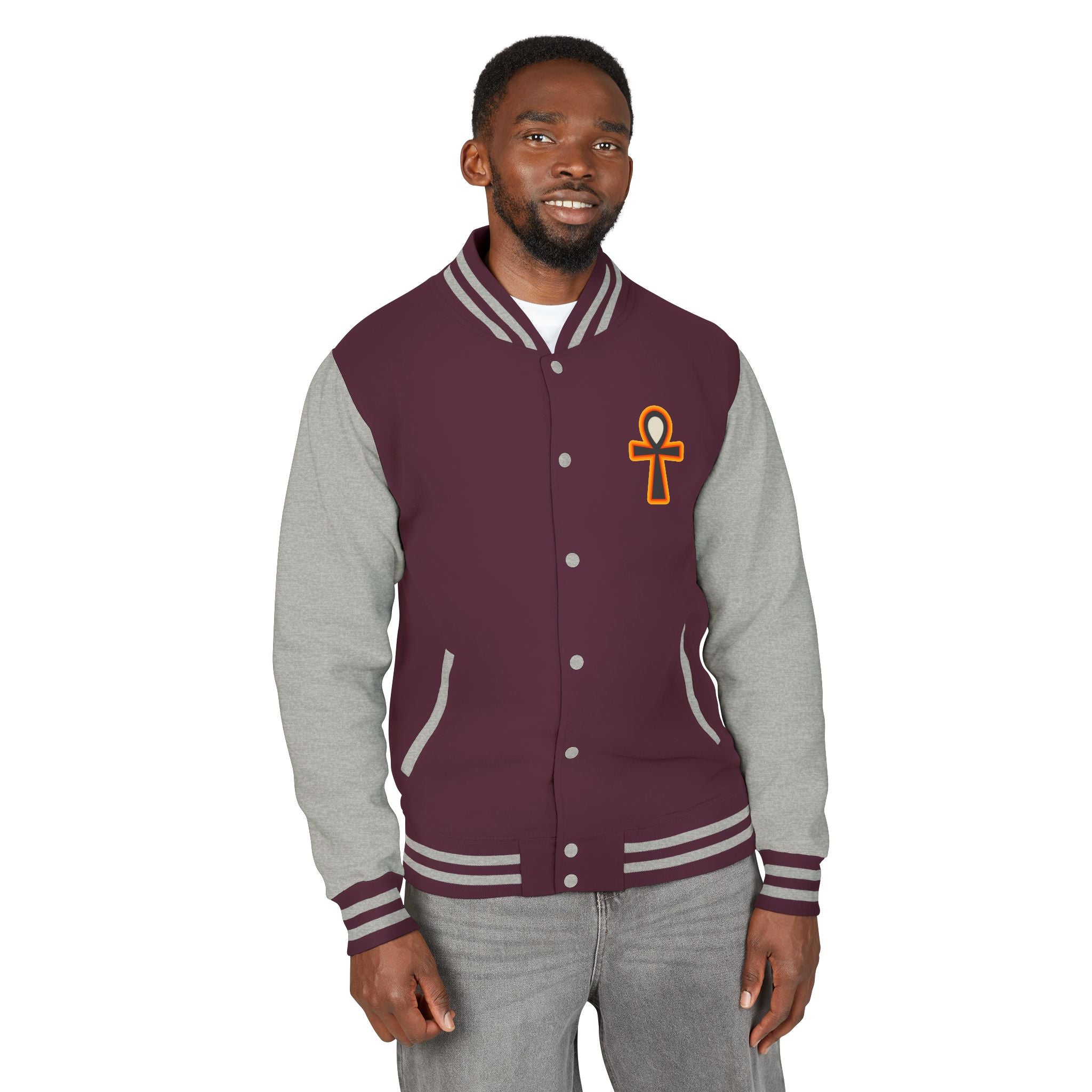 Ankh Letterman Jacket — Retro Black & White Varsity Jacket with Golden Ankh Patch