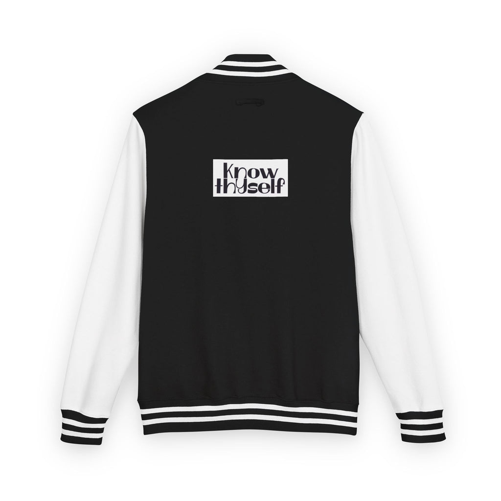 Ankh Letterman Jacket — Retro Black & White Varsity Jacket with Golden Ankh Patch