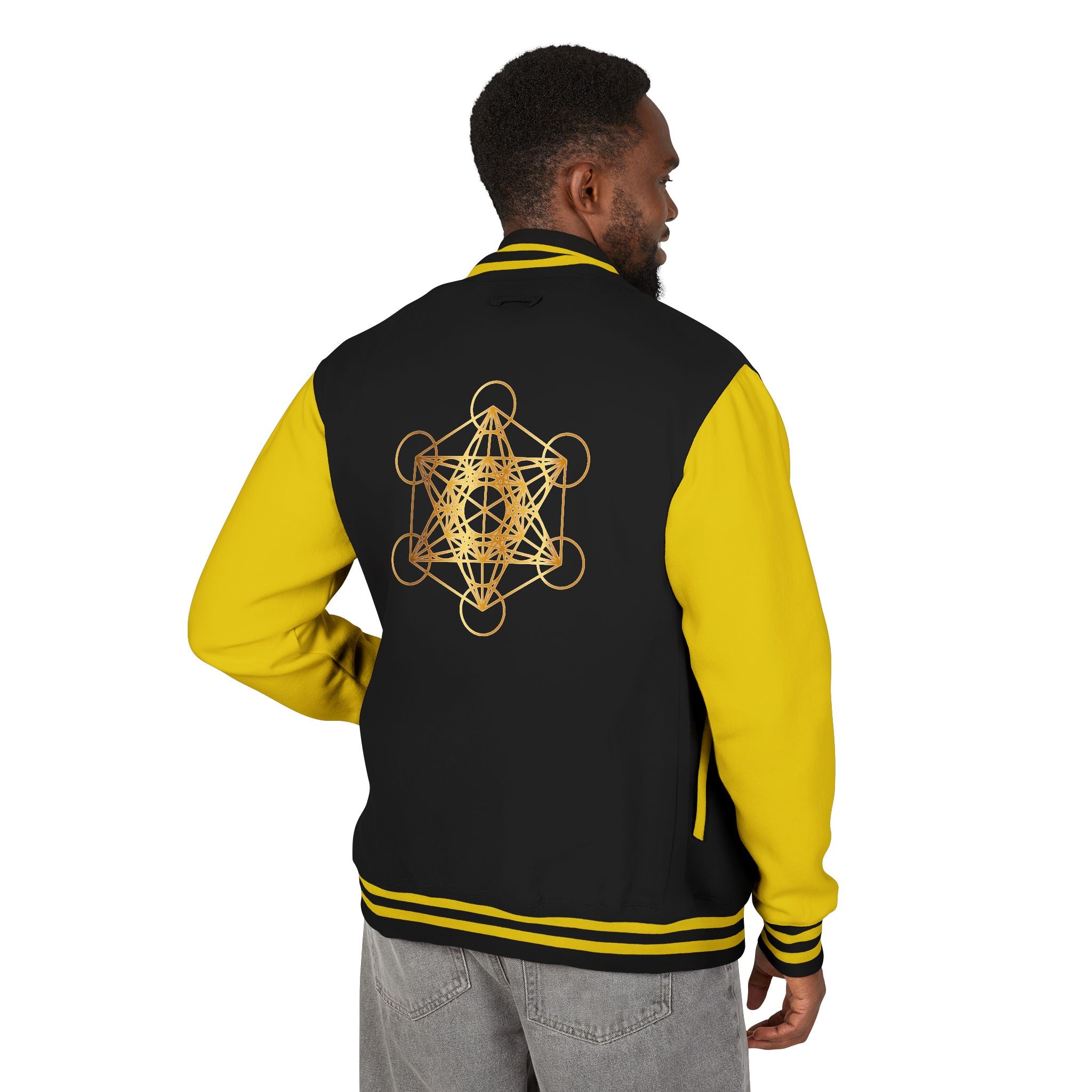 Ankh Letterman Jacket — Retro Black & White Varsity Jacket with Golden Ankh Patch
