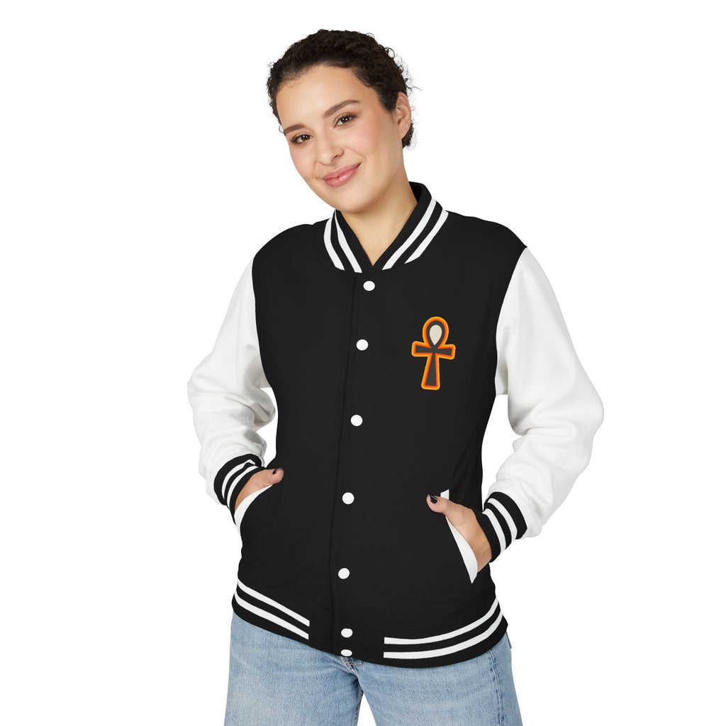 Ankh Letterman Jacket — Retro Black & White Varsity Jacket with Golden Ankh Patch