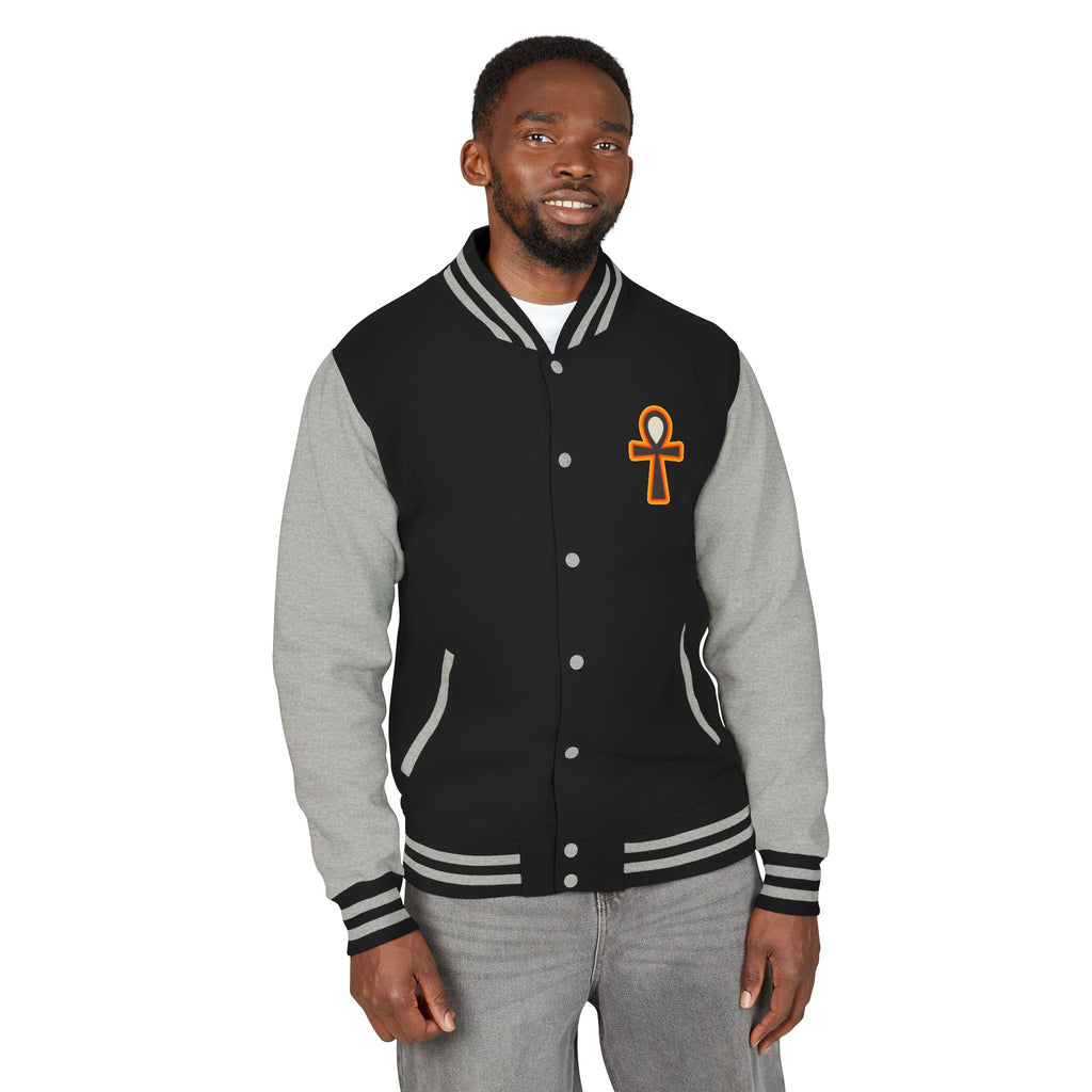 Ankh Letterman Jacket — Retro Black & White Varsity Jacket with Golden Ankh Patch