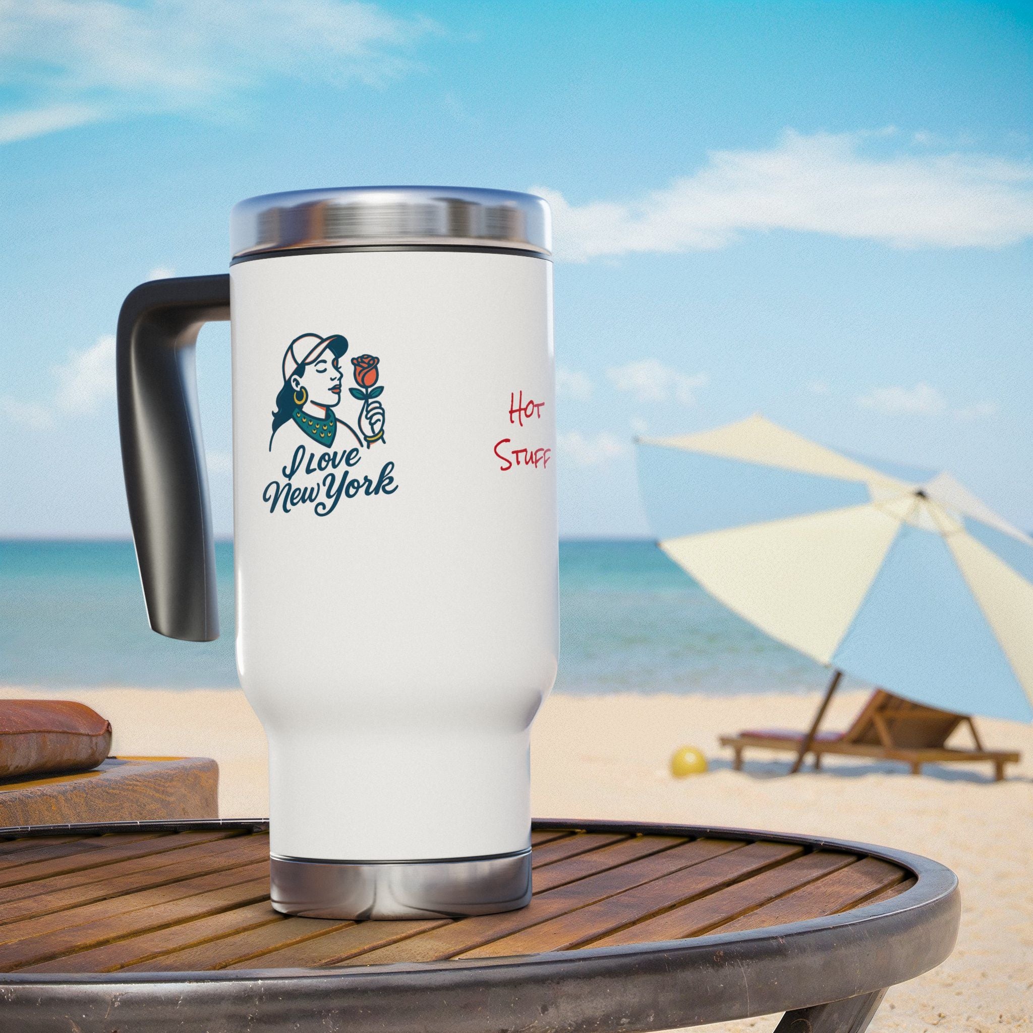 Travel Mug with Handle | Hot Stuff & Love New York Designs, Coffee Mug, Gift for Travelers, Personalized Travel Cup