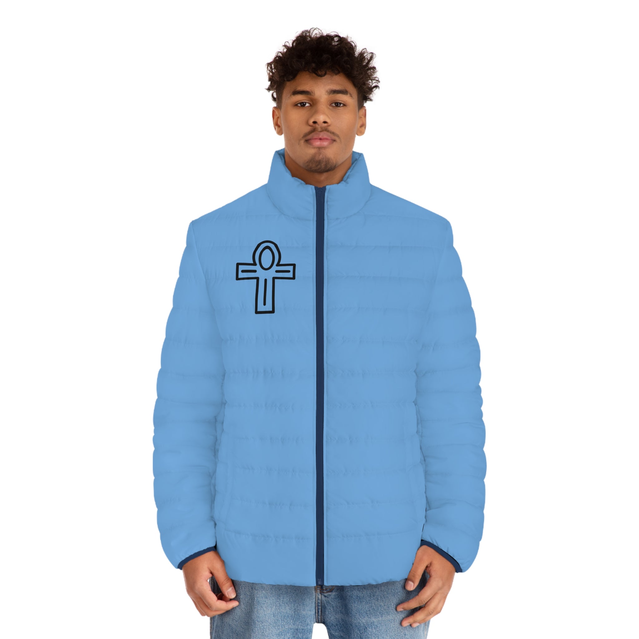 Ankh & Sacred Geometry Puffer Jacket — Men's Light Blue Insulated Coat