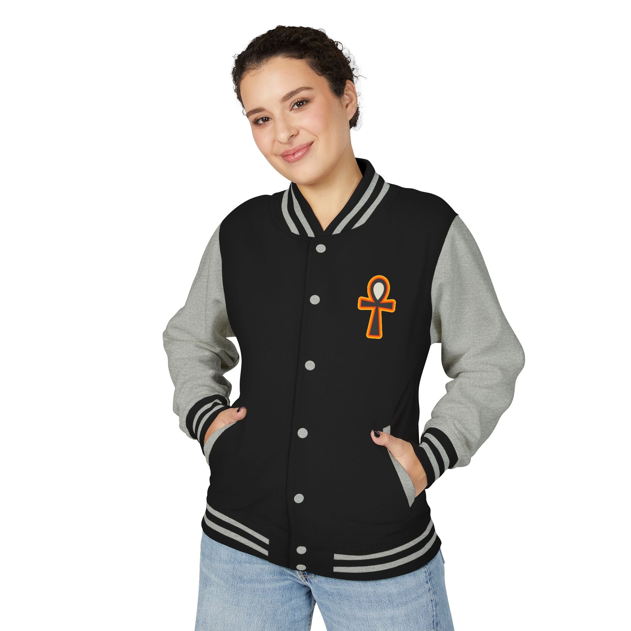 Ankh Letterman Jacket — Retro Black & White Varsity Jacket with Golden Ankh Patch