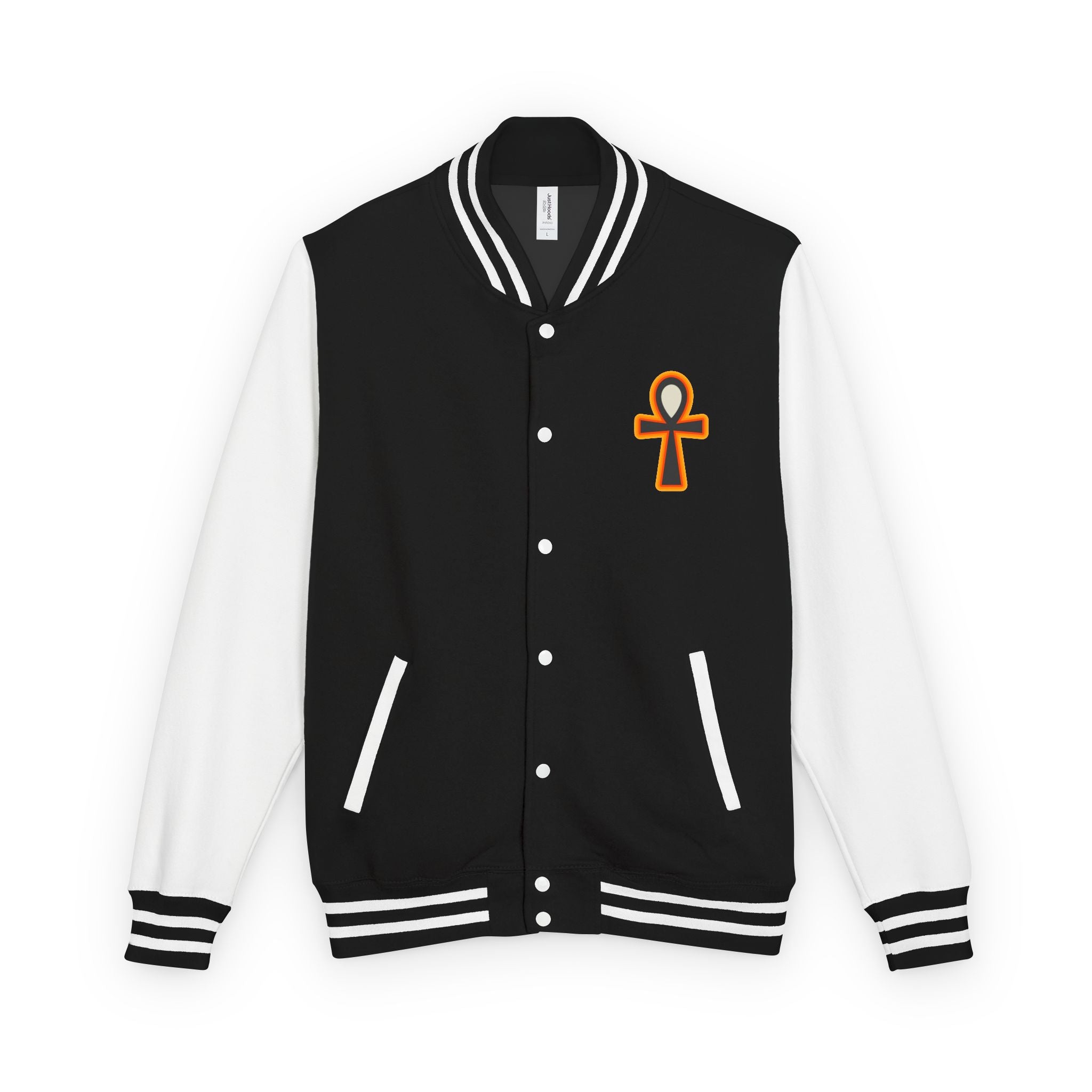 Ankh Letterman Jacket — Retro Black & White Varsity Jacket with Golden Ankh Patch
