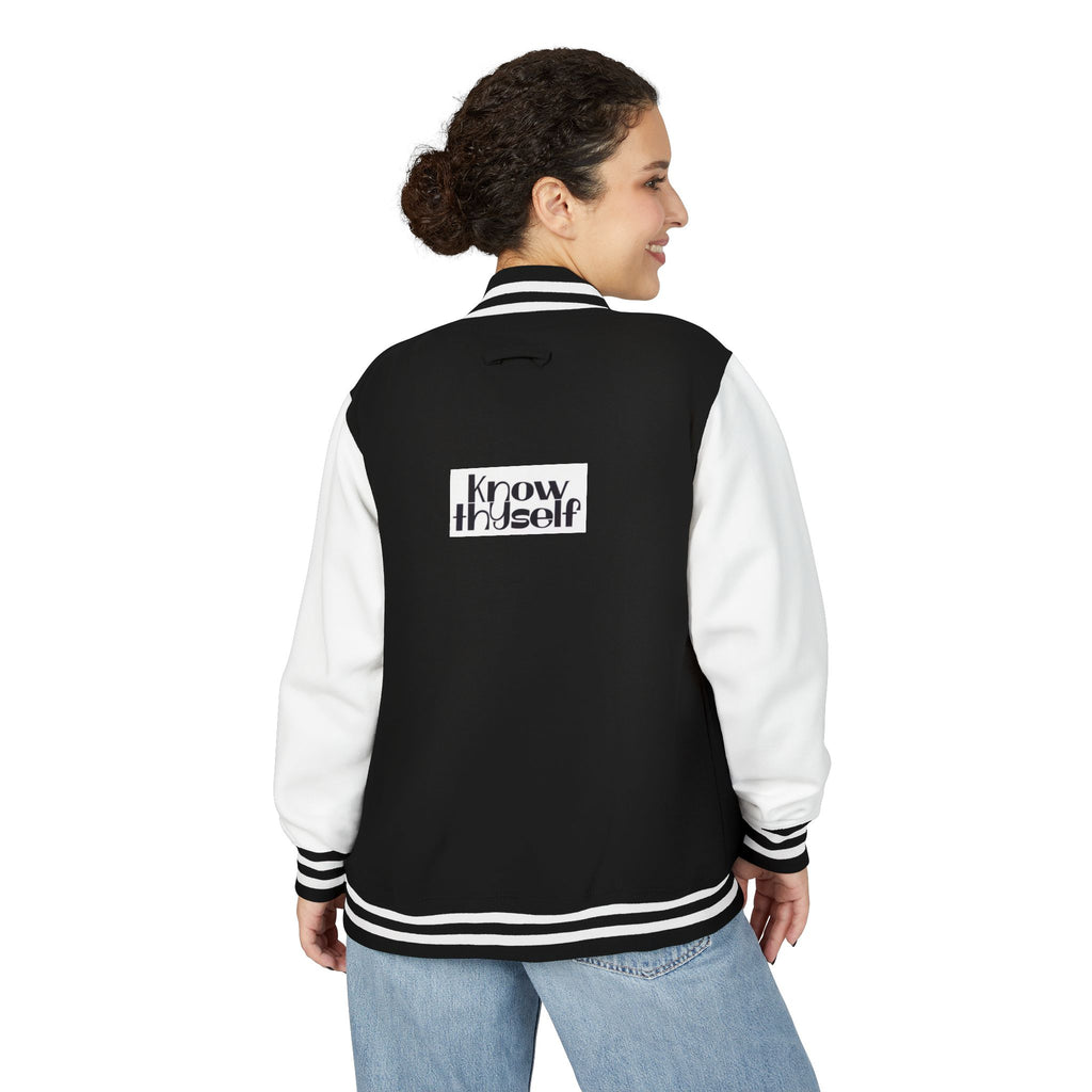 Ankh Letterman Jacket — Retro Black & White Varsity Jacket with Golden Ankh Patch