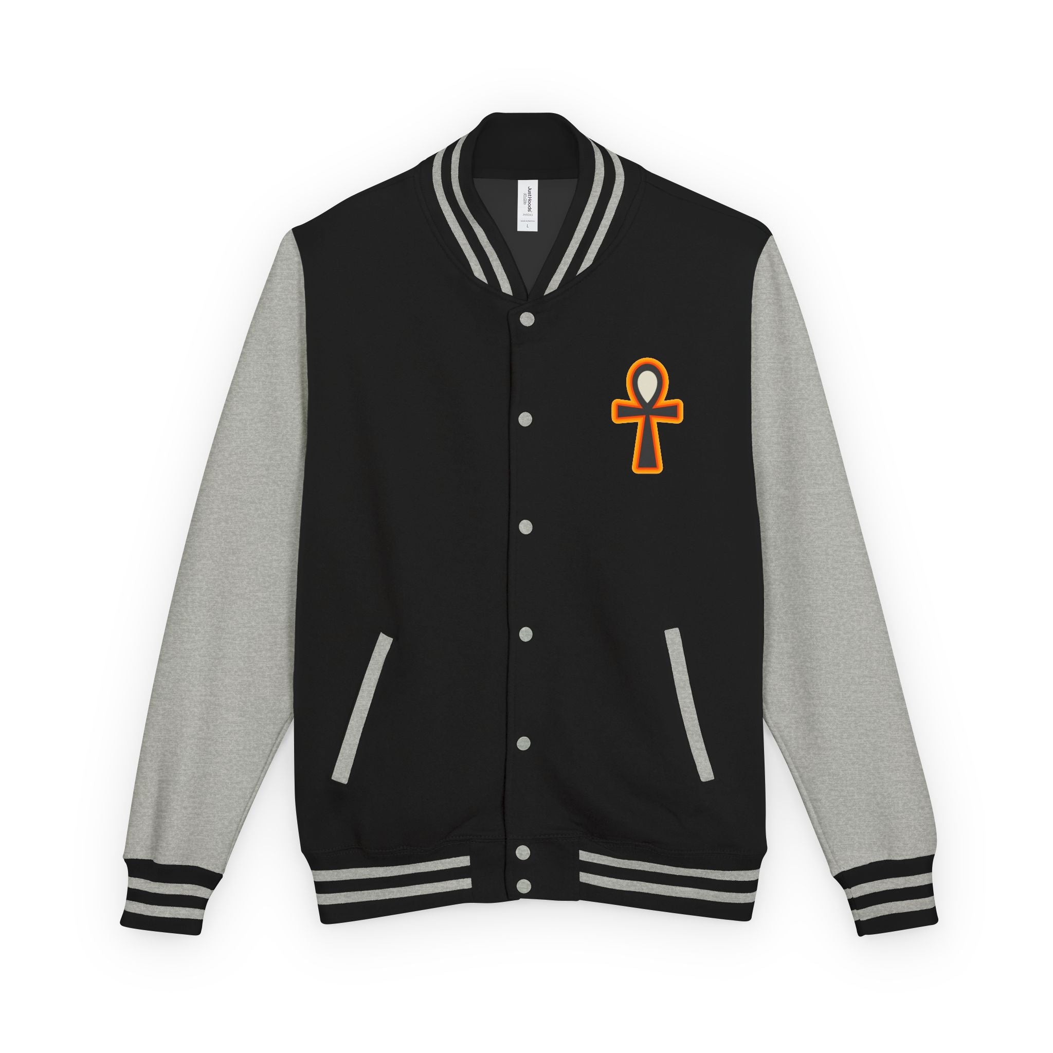 Ankh Letterman Jacket — Retro Black & White Varsity Jacket with Golden Ankh Patch